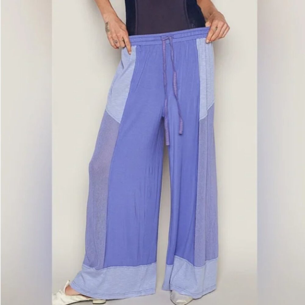 POL Iris Purple Wide Leg Palazzo Pants Jersey & rib mix w raw edge detail S,M,L